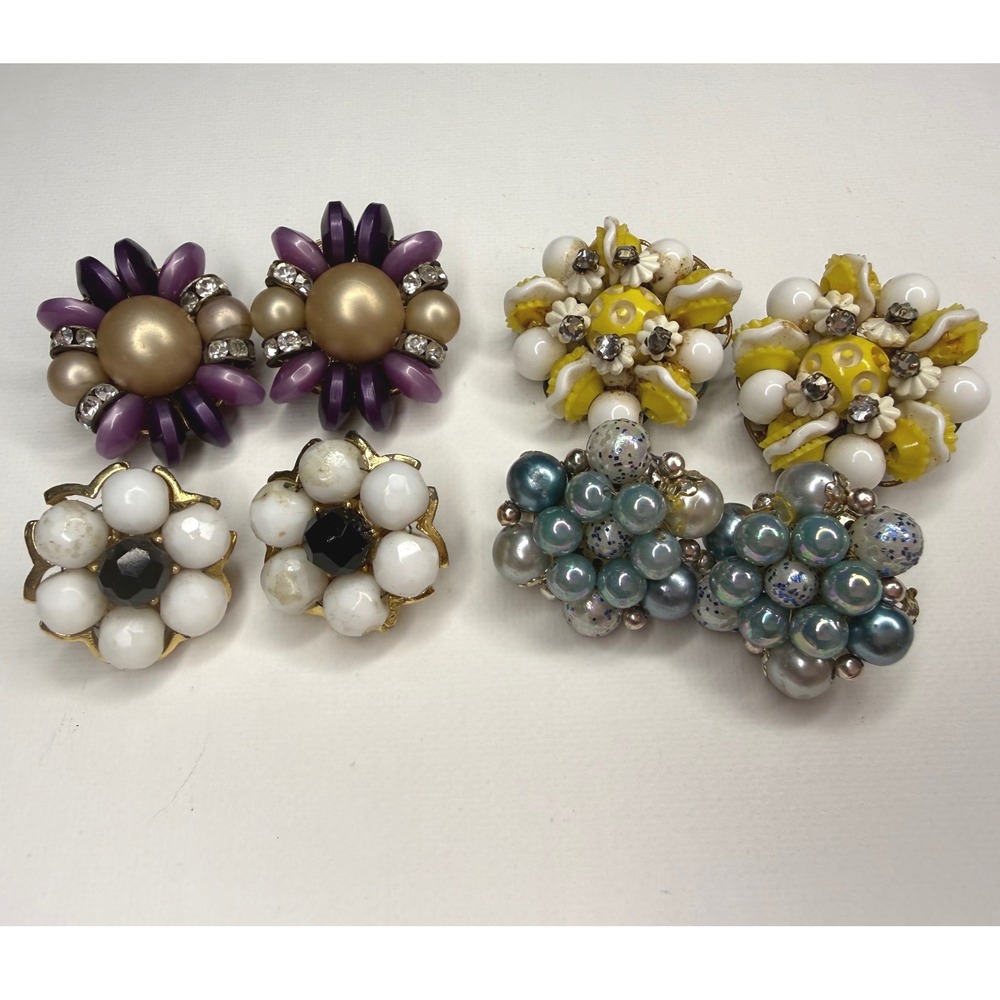 Vintage Beaded Lot of 4 Clip On Earrings Jewelry 1960s Mid Century Grannychic